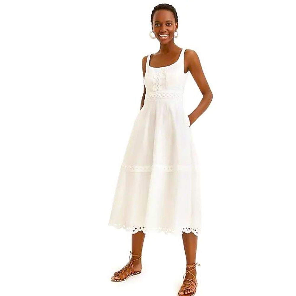 BNWT J.Crew White scoopneck midi dress eyelet trim in organic cotton XS petite